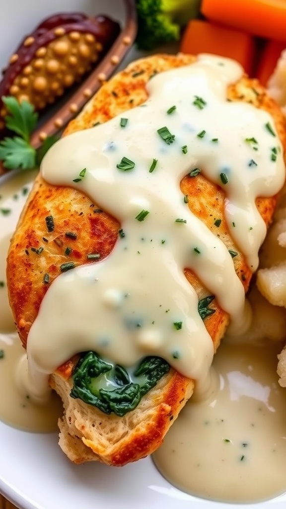Stuffed chicken breast filled with spinach and cheese, topped with creamy sauce, on a plate with mashed potatoes and vegetables.